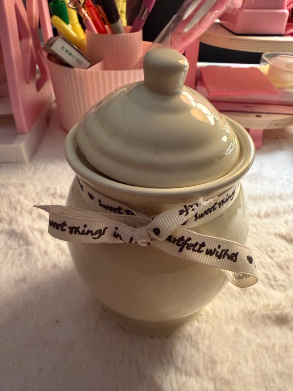 Vintage Cream Ceramic Lidded Jar with Ribbon Accent